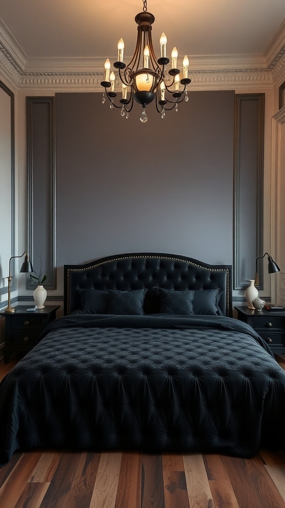 A stylish bedroom featuring a black velvet bed with a chandelier above, complemented by elegant nightstands and warm lighting.