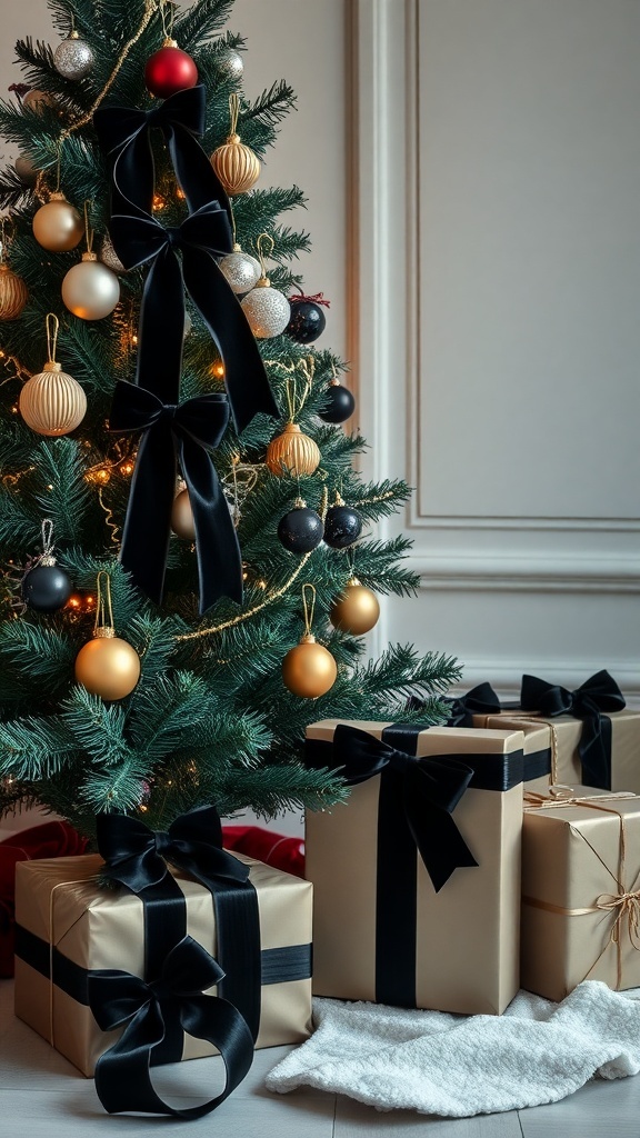 A beautifully decorated Christmas tree with black velvet ribbons and gold and silver ornaments.