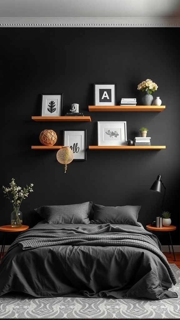 A stylish black bedroom wall with floating shelves displaying decor items.