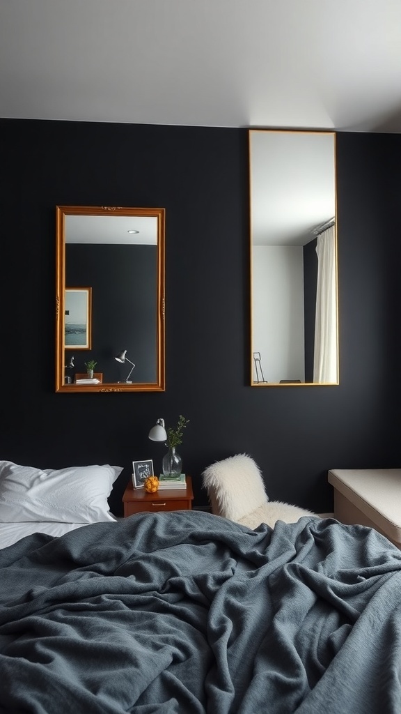 A cozy bedroom featuring a black wall with two mirrors, showcasing a stylish and modern look.