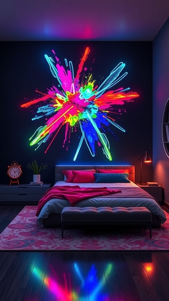 A cozy bedroom featuring a black wall with a vibrant neon sign that says 'Unitat'.