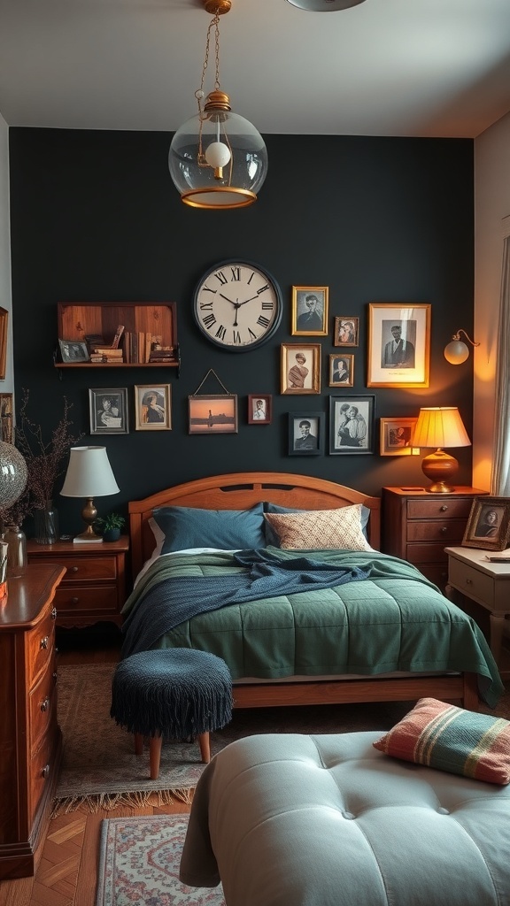 A cozy bedroom with a black wall adorned with vintage frames and decor.