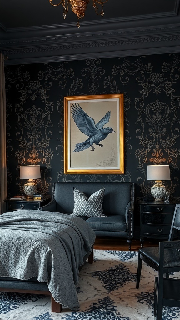 A stylish bedroom featuring black wallpaper with intricate designs, a cozy bed, and elegant decor.