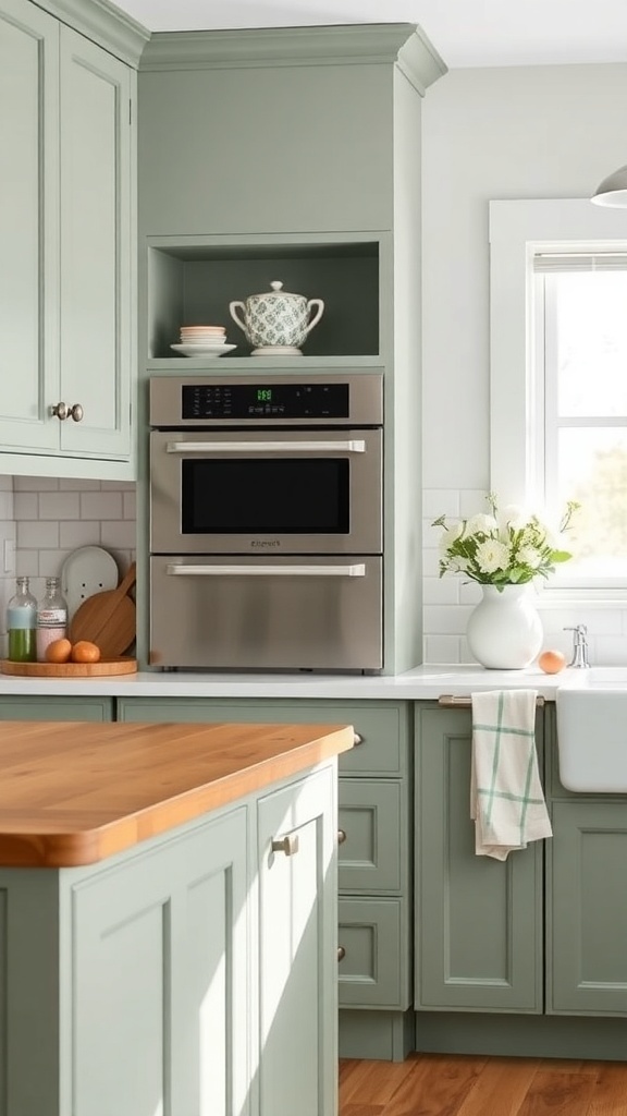 A sage green farmhouse kitchen featuring modern appliances and rustic cabinetry.