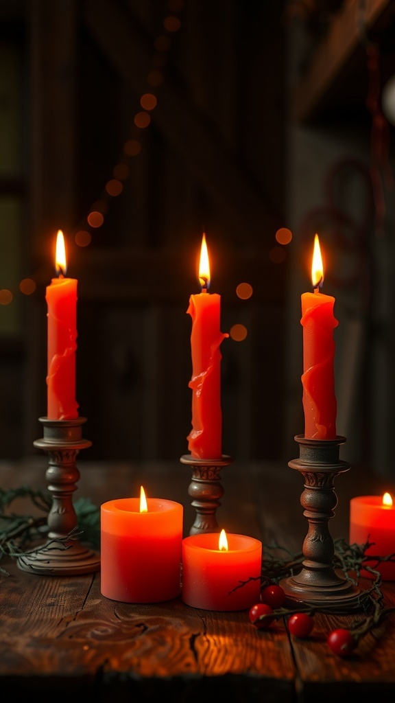 A collection of blood orange candles in various heights, flickering on a wooden table, surrounded by greenery and berries.