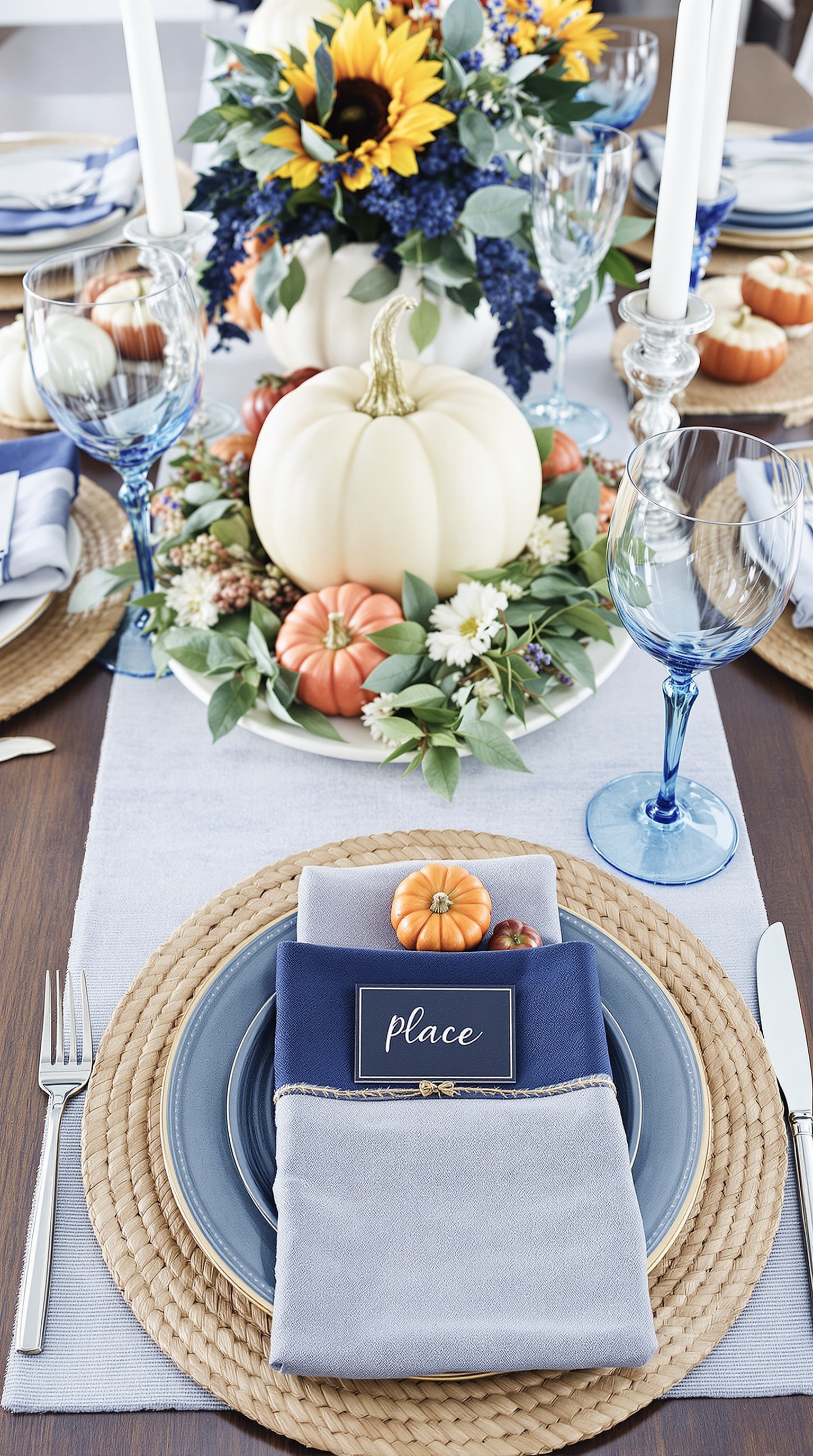 Blue-themed Thanksgiving table setting with place card