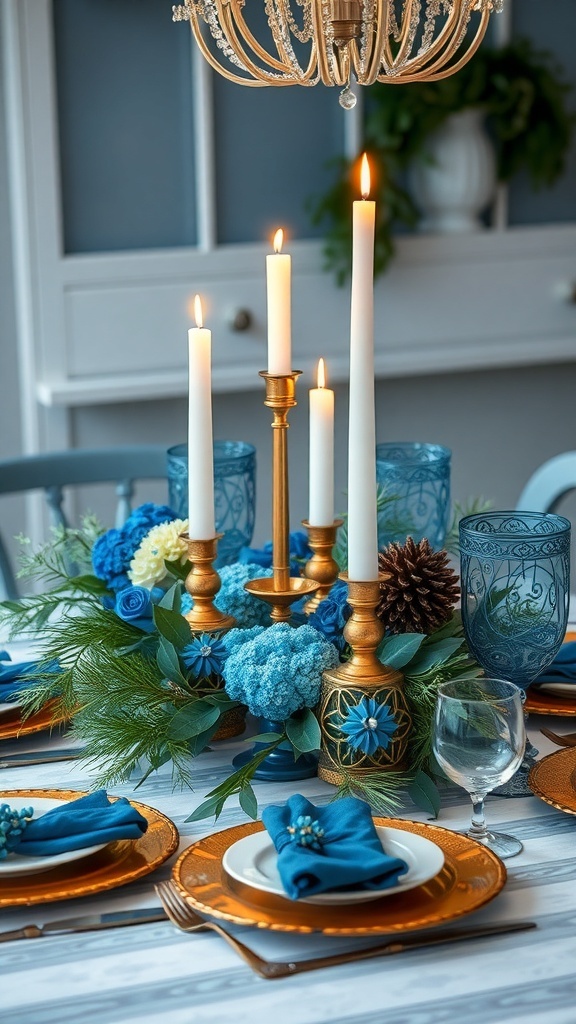 A beautifully set table featuring blue and gold decor with candles and floral arrangements.