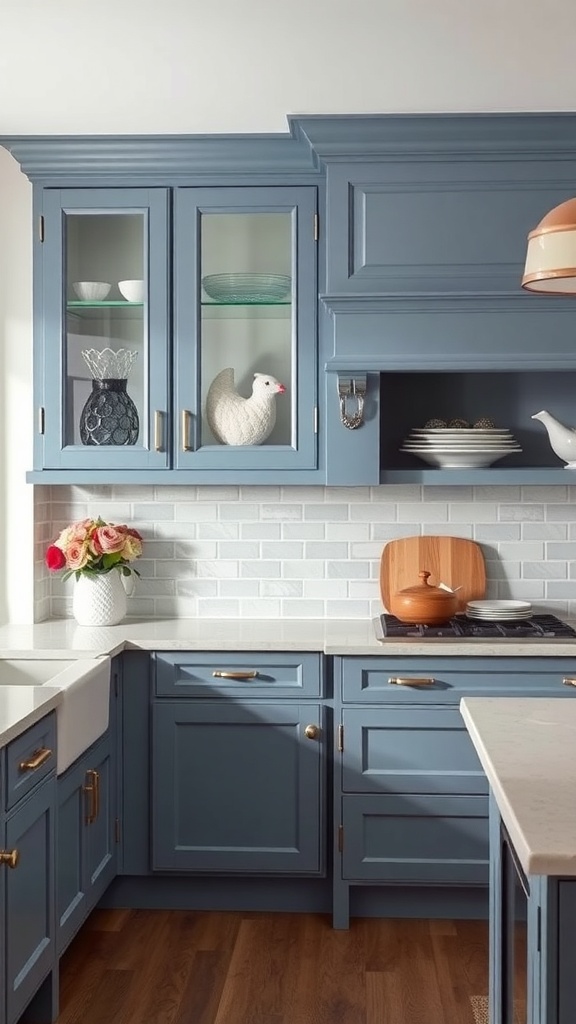 A stylish kitchen featuring blue cabinets, gray backsplash, and wooden countertop.
