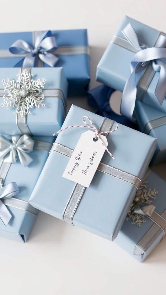 Beautifully wrapped gifts in blue and silver with festive decorations.