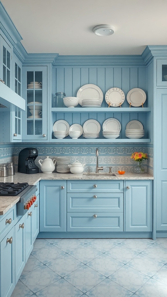 A blue kitchen with white dishes on shelves and a light blue color scheme.