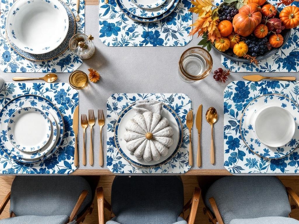 A beautifully set Thanksgiving table featuring blue floral table mats, white plates, gold utensils, and autumn decorations.