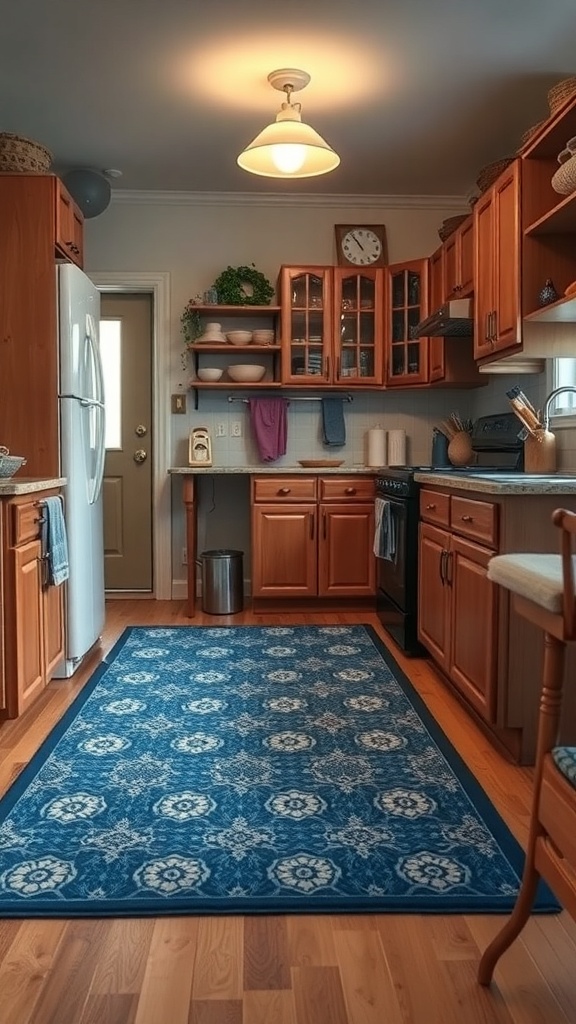 A blue kitchen rug with a floral pattern in a cozy kitchen setting
