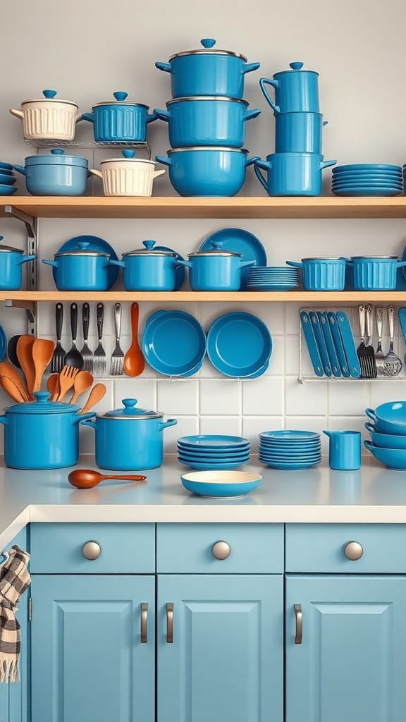 A collection of blue kitchenware including pots, pans, and plates arranged neatly on shelves.