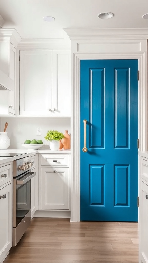 A modern kitchen featuring a bright blue pantry door against white cabinetry and light wood flooring.