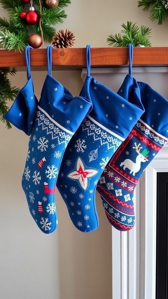 Three blue Christmas stockings with festive designs hanging on a wooden mantle.