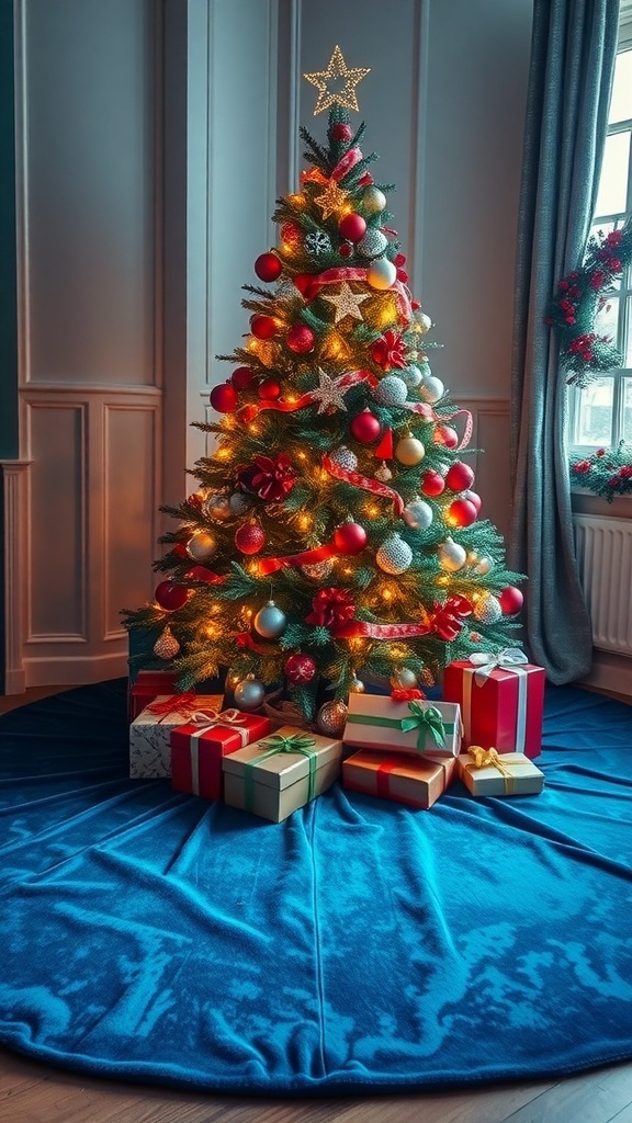 A beautifully decorated Christmas tree with a blue velvet tree skirt and colorful presents.