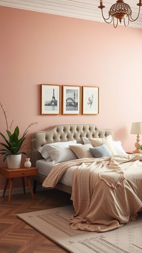A cozy bedroom featuring a blush pink accent wall, a tufted bed, and stylish decor.
