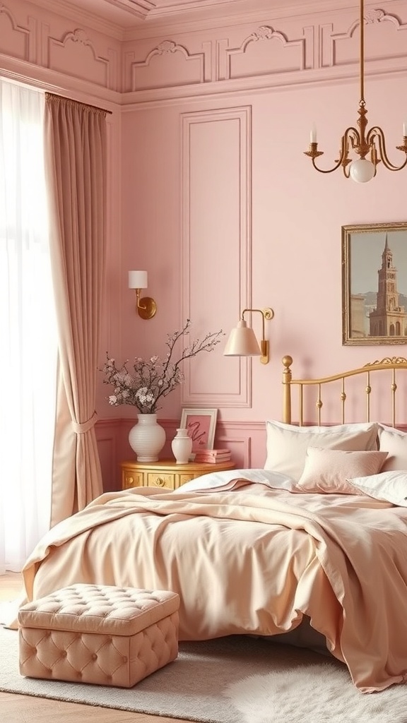 A beautifully designed blush pink bedroom with elegant decor.