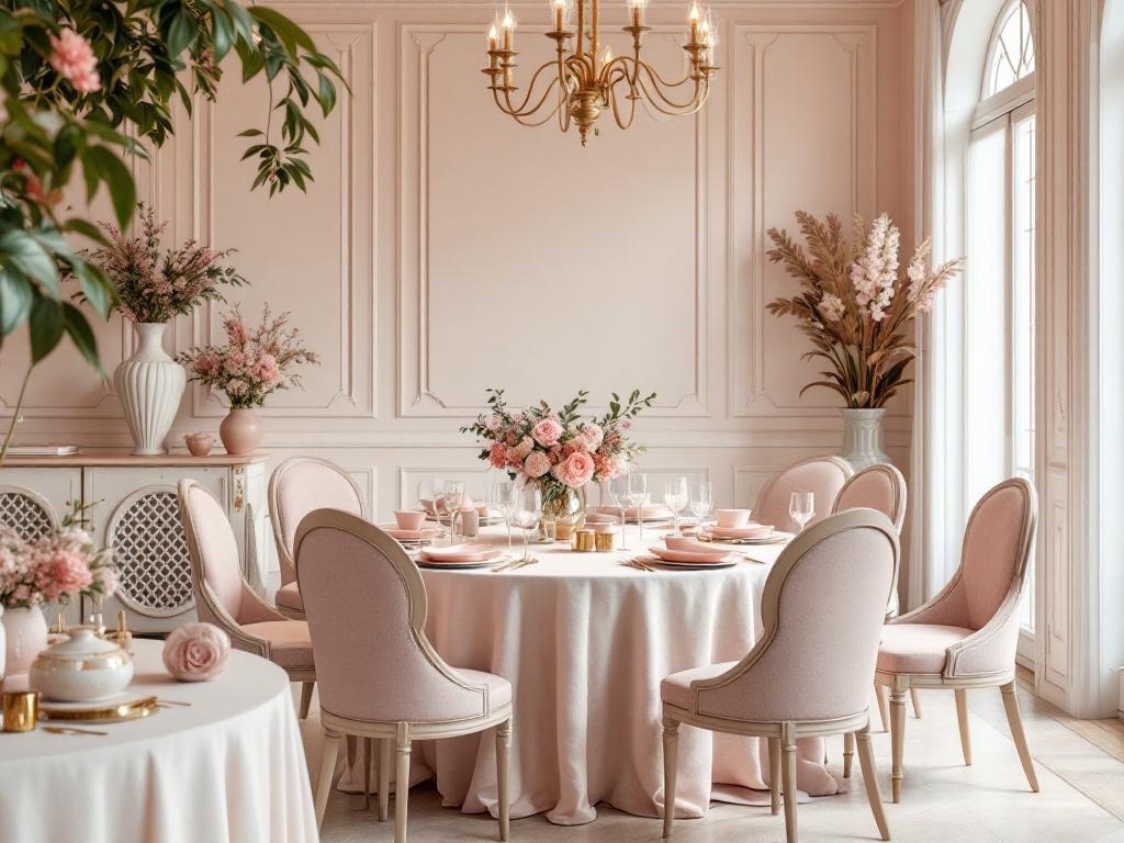 Elegant dining room with blush pink decor, featuring a table set with pink plates and flowers.