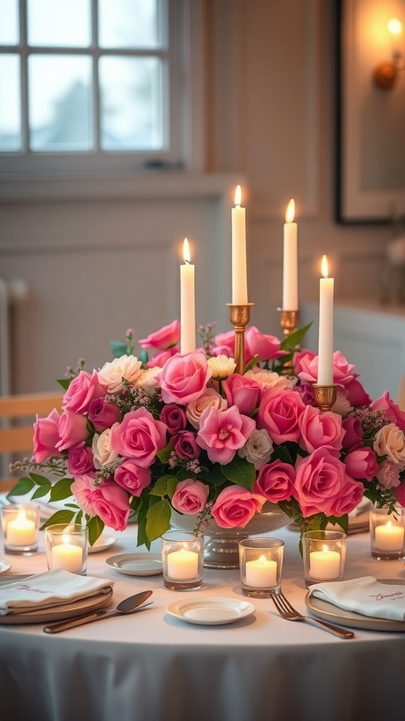 A beautiful table centerpiece featuring pink roses and candles.