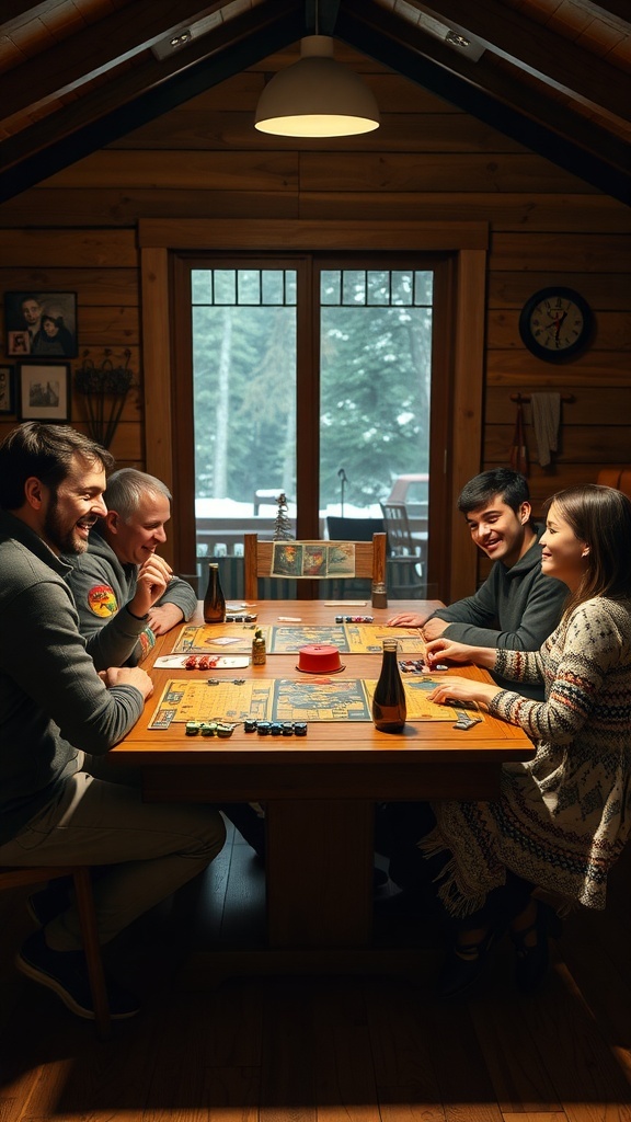 A group of friends playing board games in a cozy winter cabin.