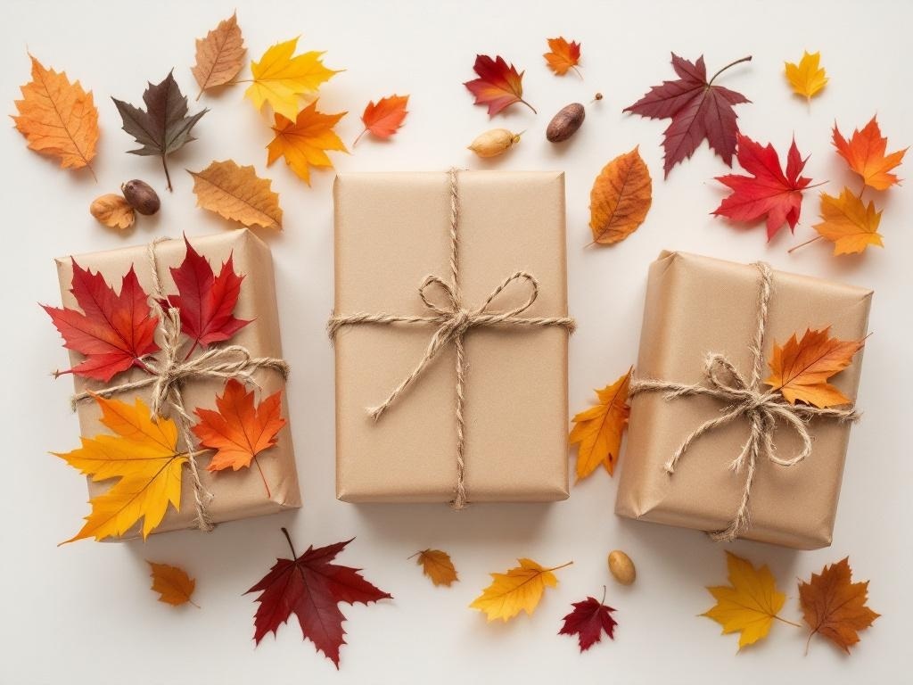 Three beautifully wrapped gifts with autumn leaves around them