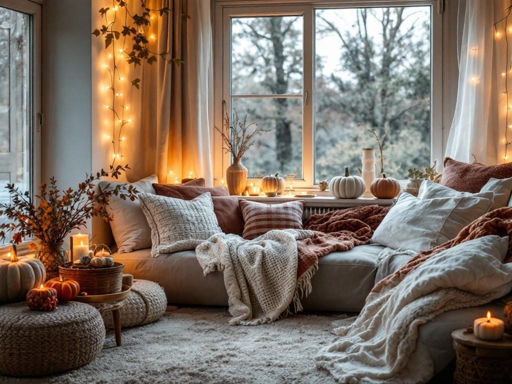 Cozy living room decorated for Thanksgiving with pumpkins, candles, and warm blankets.