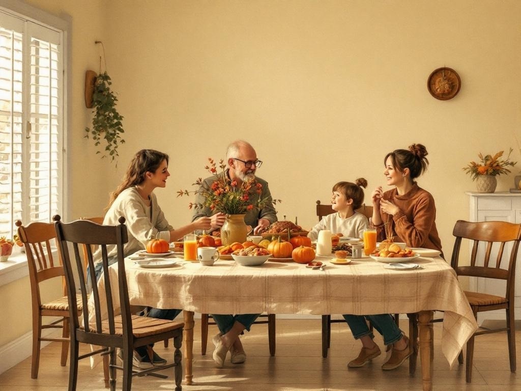 A warm Thanksgiving gathering with family around a table filled with food and decorations.