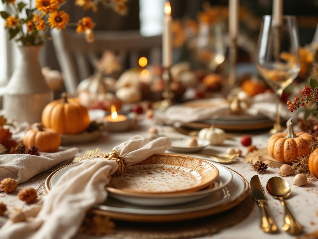 Thanksgiving table setting with pumpkins, flowers, and elegant dishware