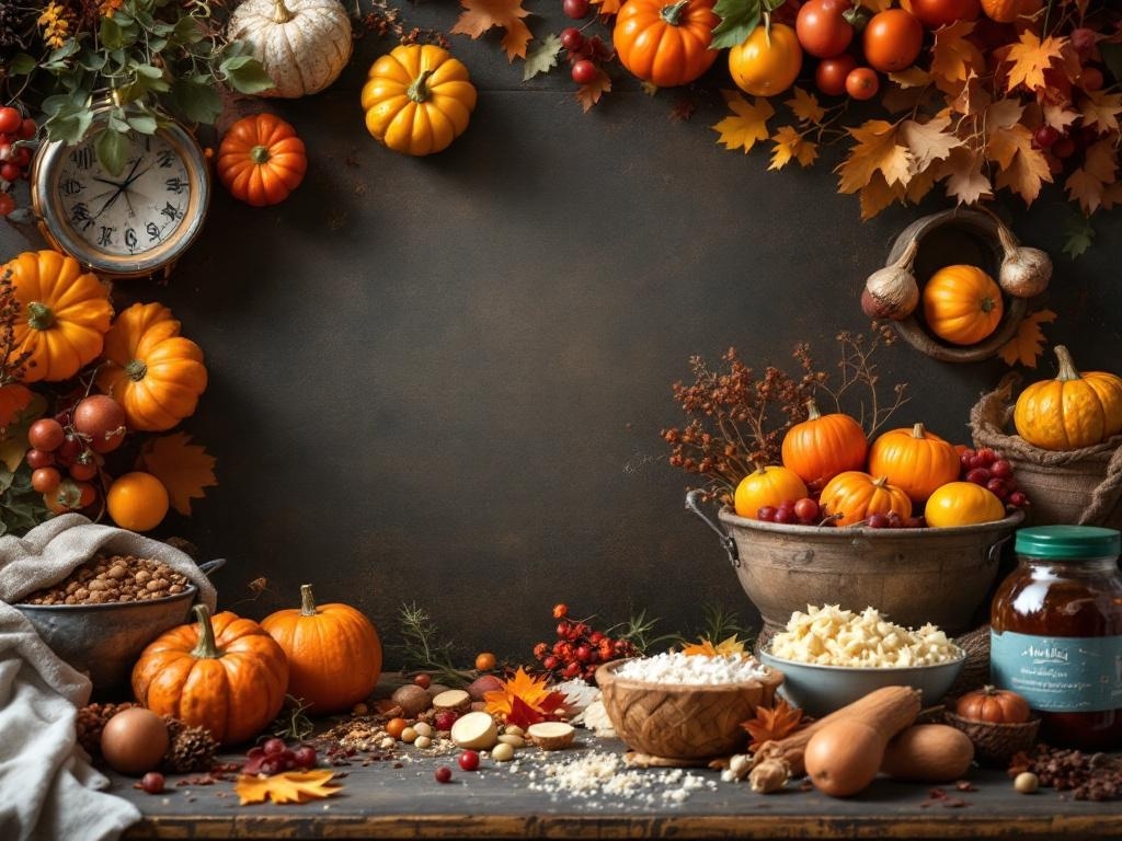 A festive Thanksgiving display with pumpkins, autumn leaves, and various ingredients.