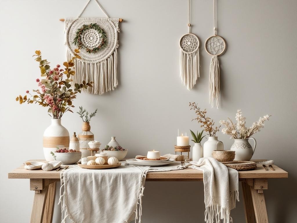 A bohemian-inspired Thanksgiving table with neutral colors, dried flowers, candles, and decorative elements.