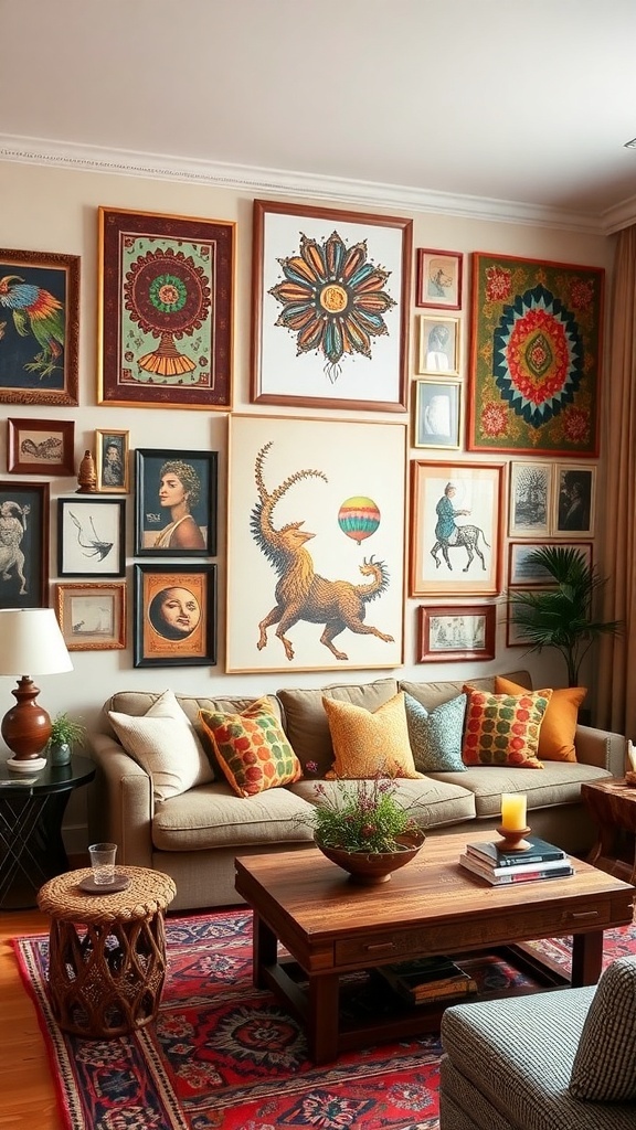 Cozy boho farmhouse living room with colorful artwork and prints on the walls.