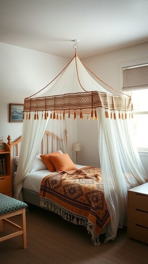 A cozy dorm room featuring a bohemian bed canopy with tassels, an orange patterned blanket, and a warm color scheme.