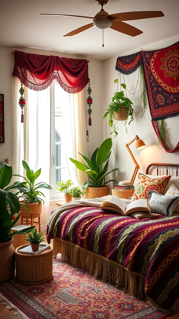A cozy bohemian-style bedroom featuring a colorful bedspread, plants, and decorative wall hangings.