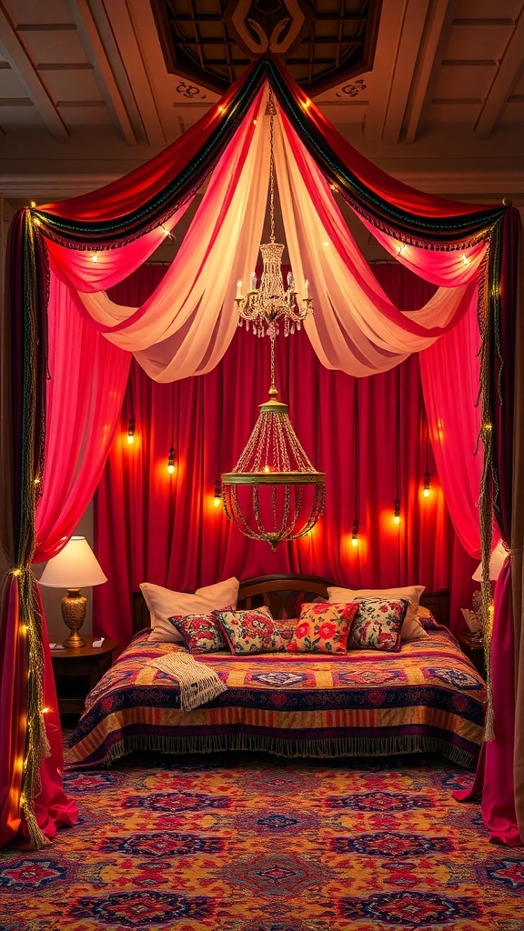 A bohemian style canopy bed with colorful drapes, a chandelier, and vibrant bedding.