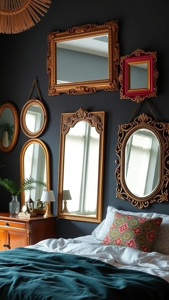 A collection of bohemian style mirrors in various shapes and colors on a bedroom wall.