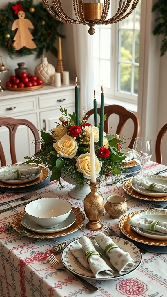 A beautifully arranged bohemian Christmas table setting with candles, flowers, and elegant tableware.