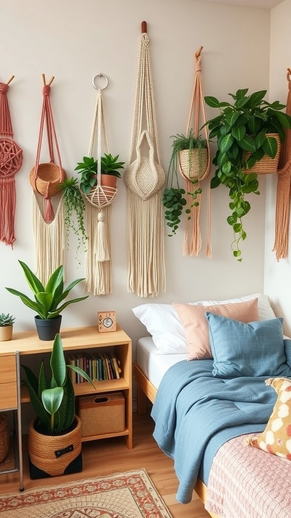 A cozy dorm room featuring macramé plant hangers, green plants, and a neatly made bed with colorful pillows.