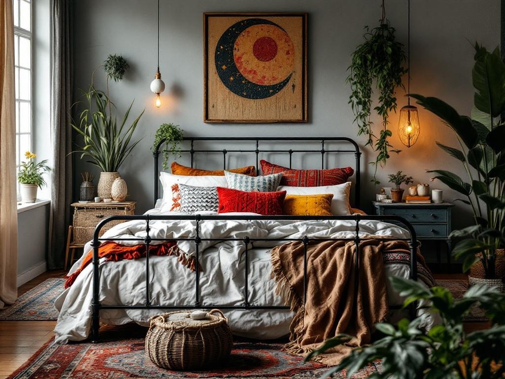 Cozy bedroom featuring a black metal bed frame with layered bedding, colorful pillows, and bohemian decor.