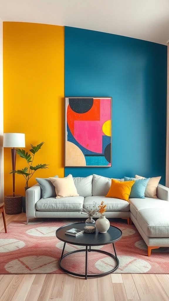A modern living room featuring bold yellow and blue accent walls, a cozy sofa, and colorful decor.