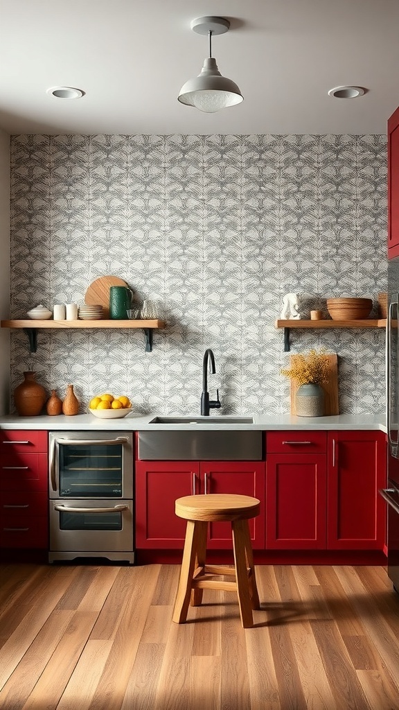 A modern farmhouse kitchen featuring a bold accent wall with a unique pattern, red cabinets, and wooden accents.