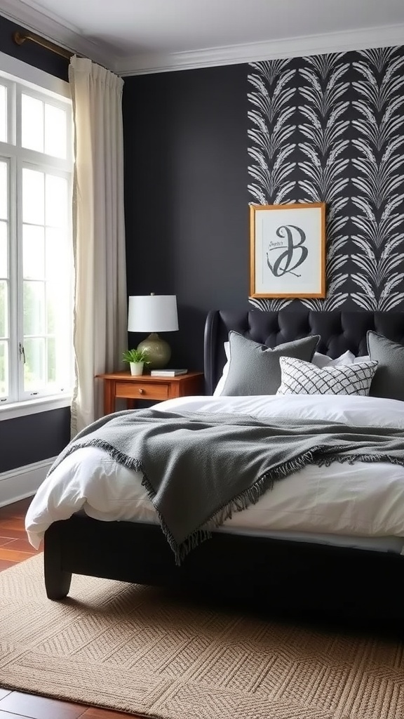 Modern farmhouse bedroom featuring a bold accent wall and cozy decor.