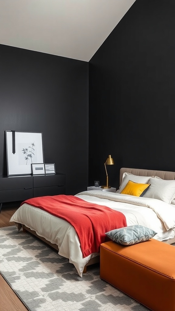 A stylish bedroom with a black accent wall, featuring framed artwork and cozy bedding.