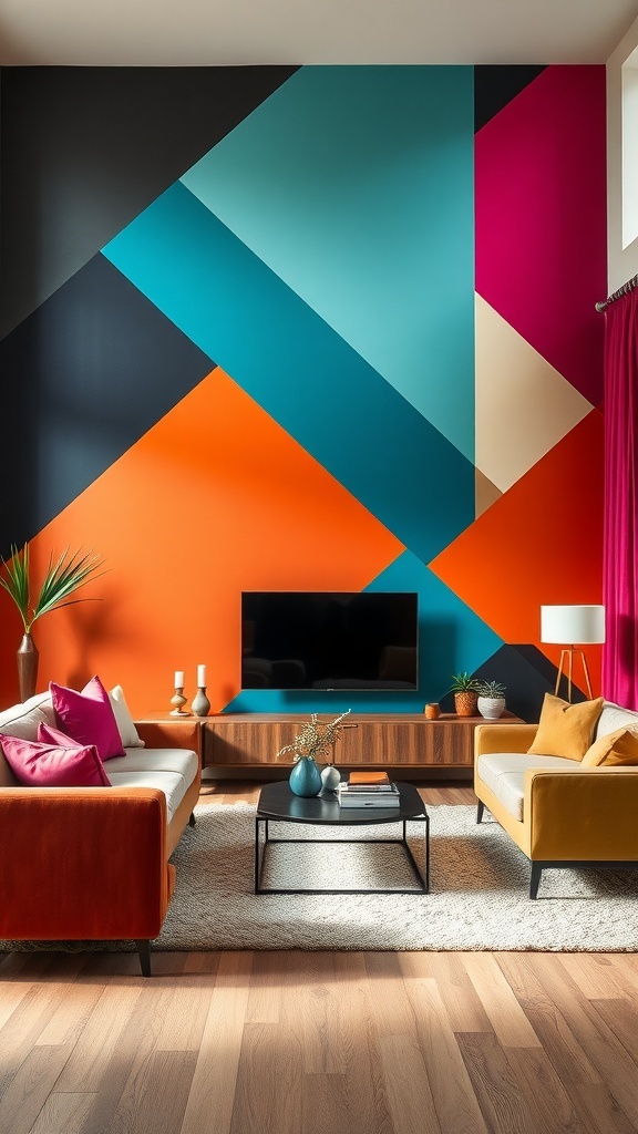 A contemporary living room featuring a bold accent wall with geometric patterns in vibrant colors.