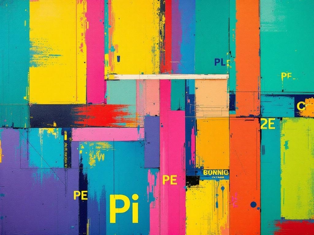 A vibrant abstract artwork featuring a mix of bright colors like blue, yellow, pink, and orange.