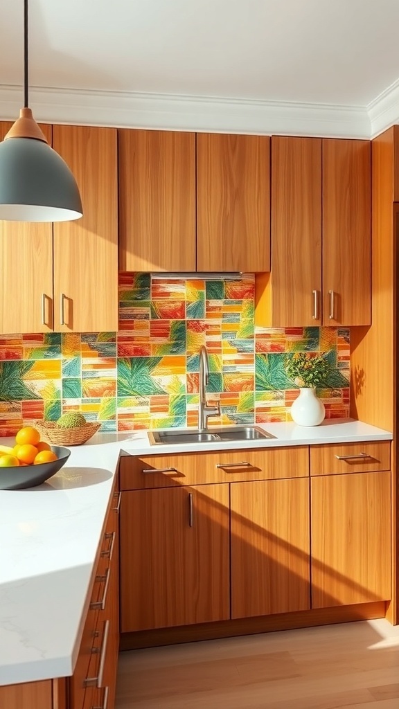 A modern kitchen featuring a colorful tiled backsplash with warm wooden cabinets.