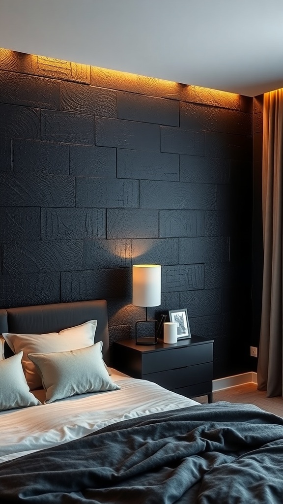 A stylish black accent wall with textured graffiti in a modern bedroom.