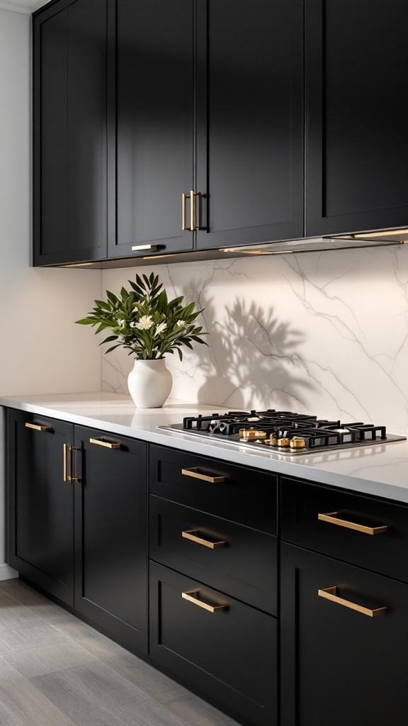 A modern kitchen featuring black cabinets with gold hardware and a white marble backsplash.