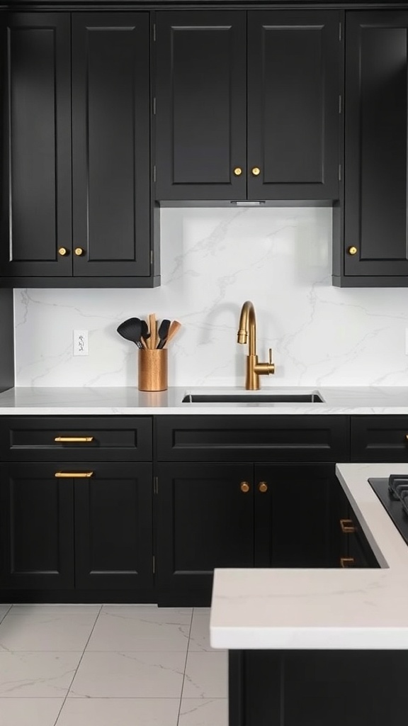 A modern kitchen featuring bold black cabinets with gold hardware.