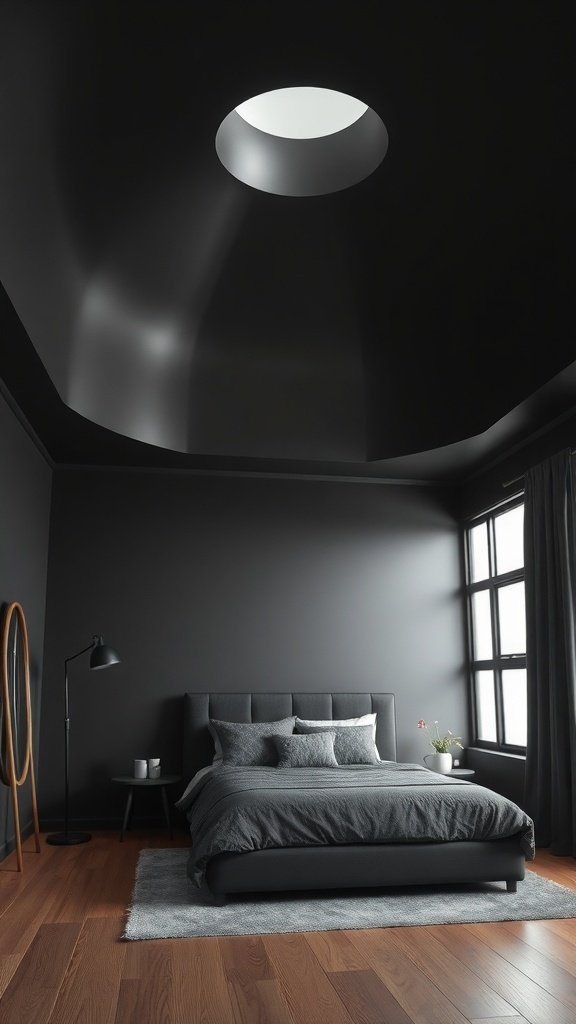 A modern bedroom featuring a bold black ceiling with a circular skylight.